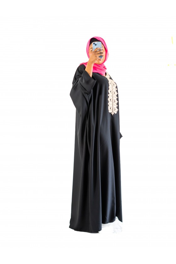 Abaya noir ample à broderie beige