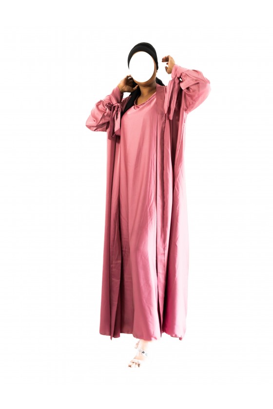 Ensemble 2 pièces satinés abaya robe + kimono rose
