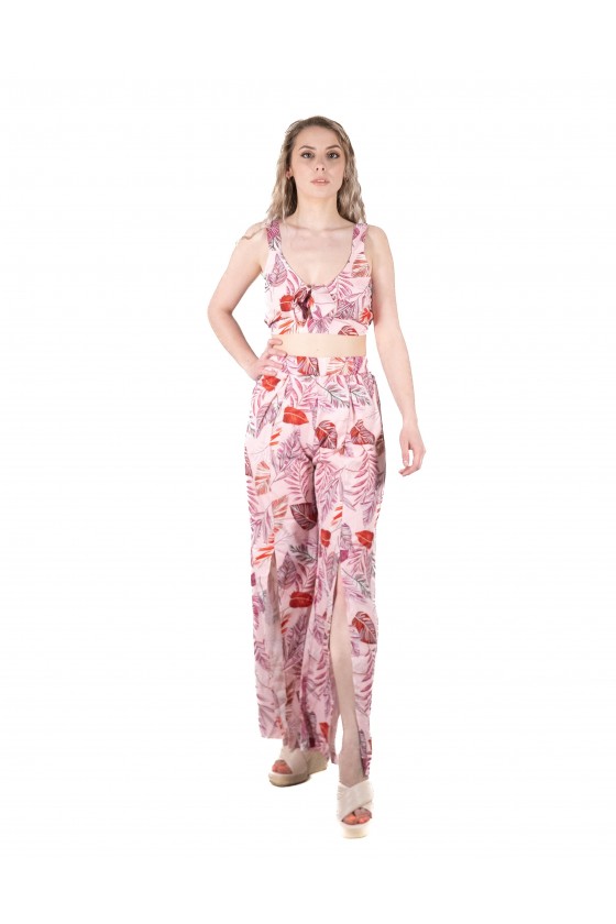 Ensemble crop top + pantalon imprimé tropical rose