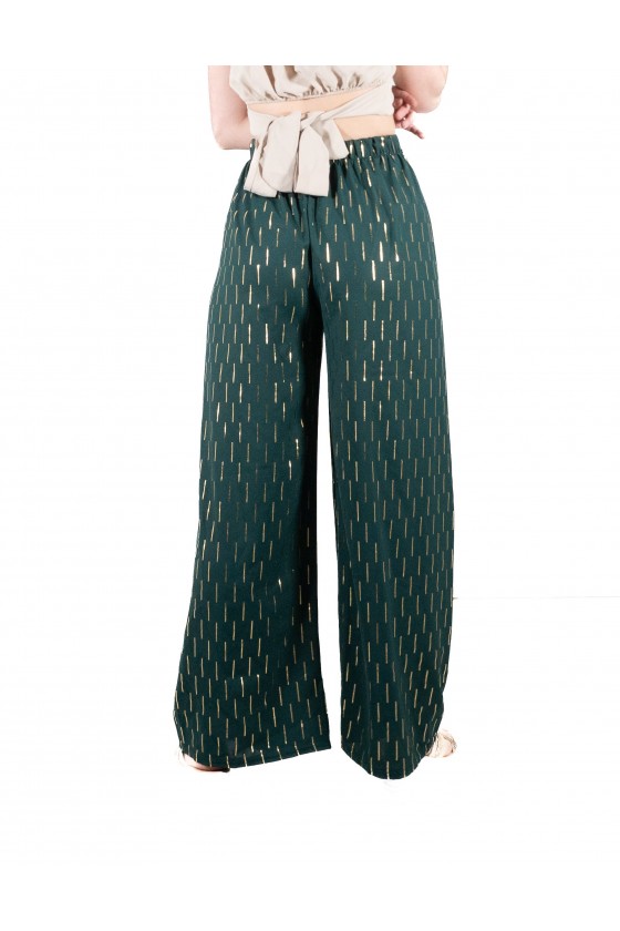 Pantalon fluide vert ceinturé à motif doré