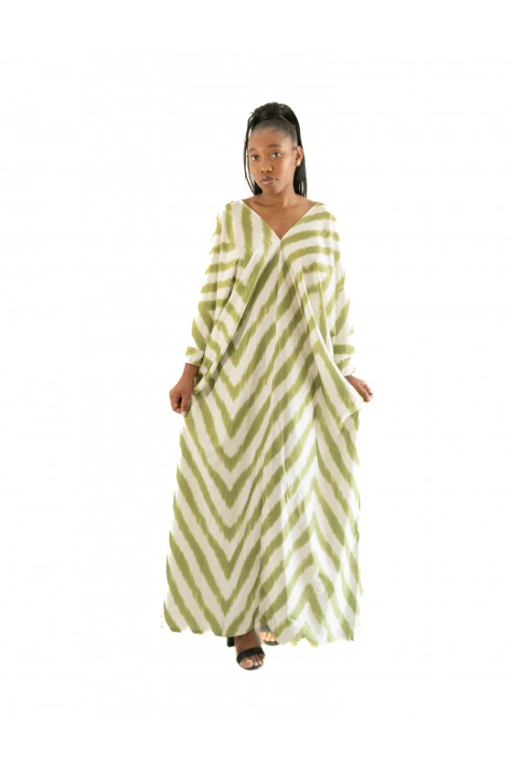 Robe longue en satin col V imprimée zigzag verte