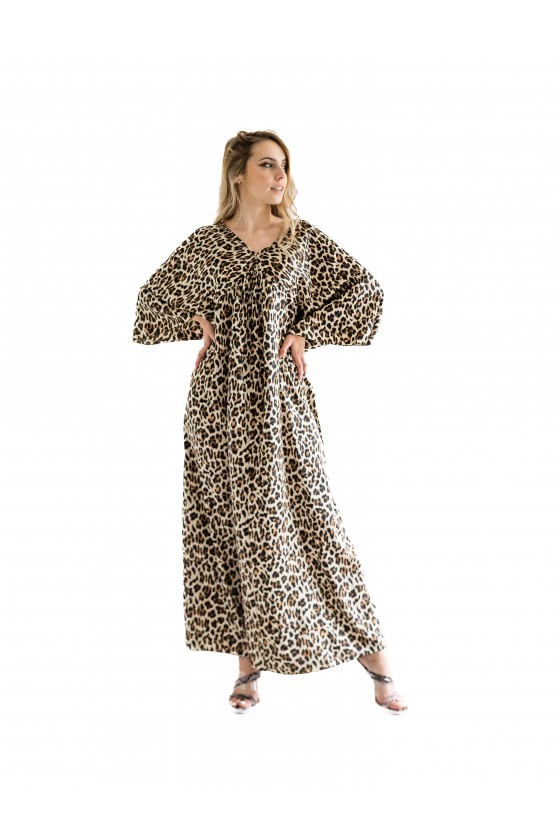 Robe longue col V imprimée léopard