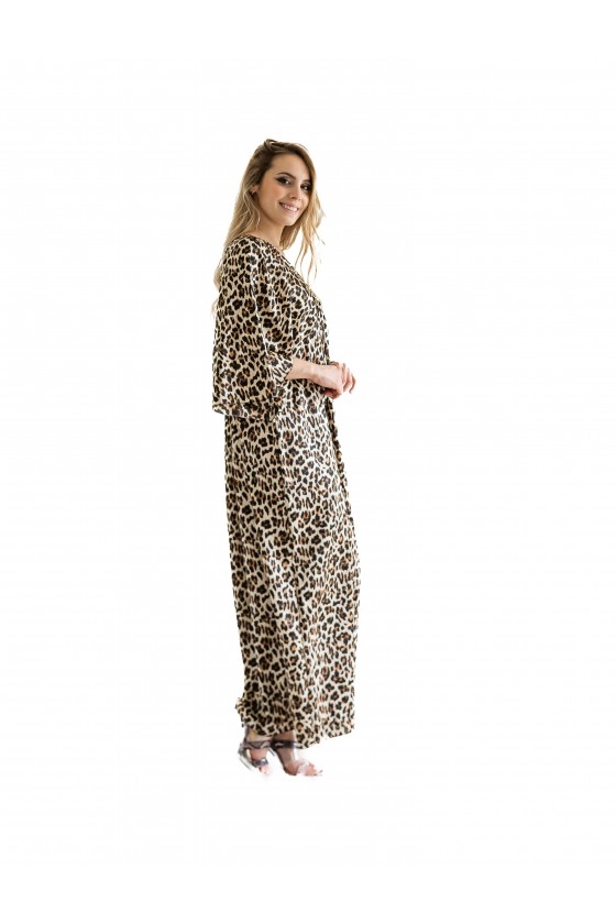 Robe longue col V imprimée léopard