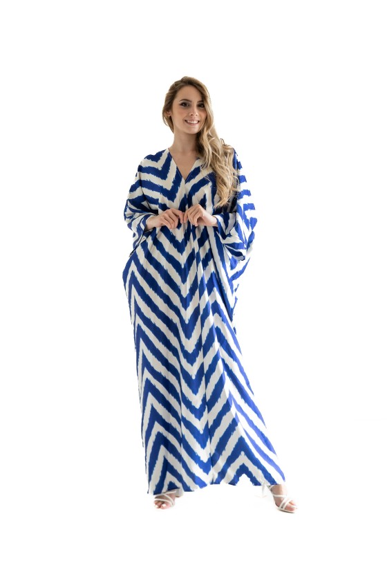 Robe longue bicolore à rayure beige/bleu