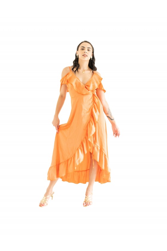 Robe longue satinée croisée orange