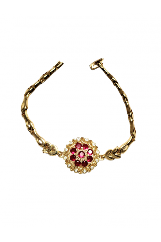 Bracelet vintage doré avec cristaux rouges et strass