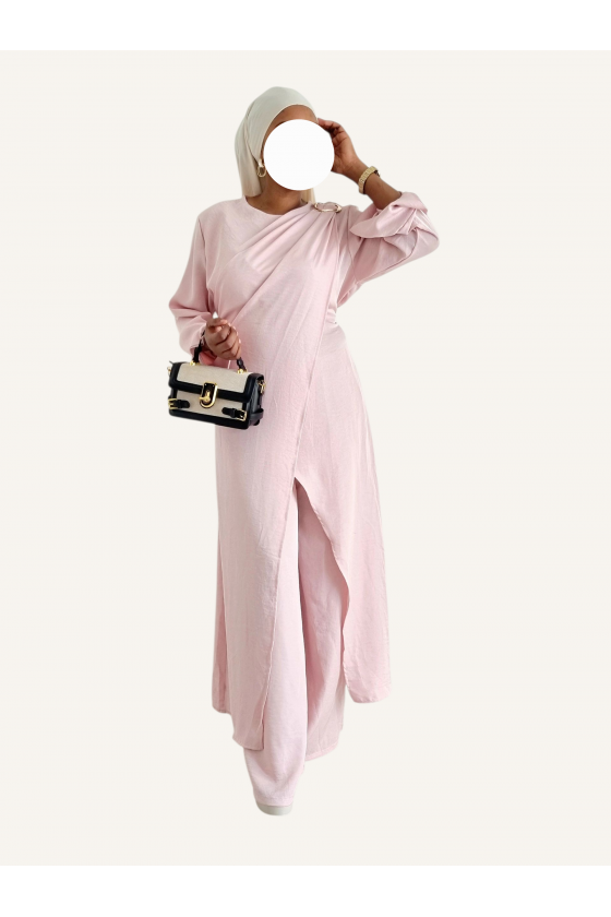 Robe Tunique Aysha Fendue Ceinturée Rose Avec Anneau