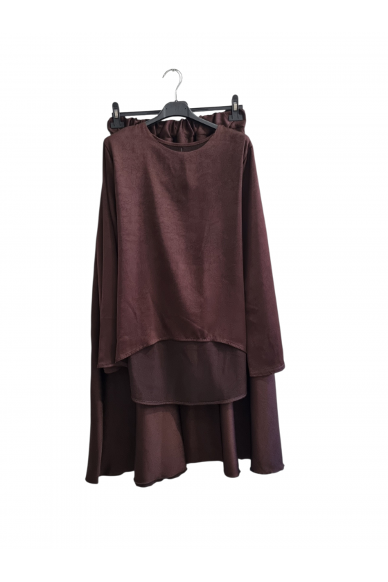 Ensemble 2 Pièces Satiné Top à Nouer Et Jupe Ample Marron