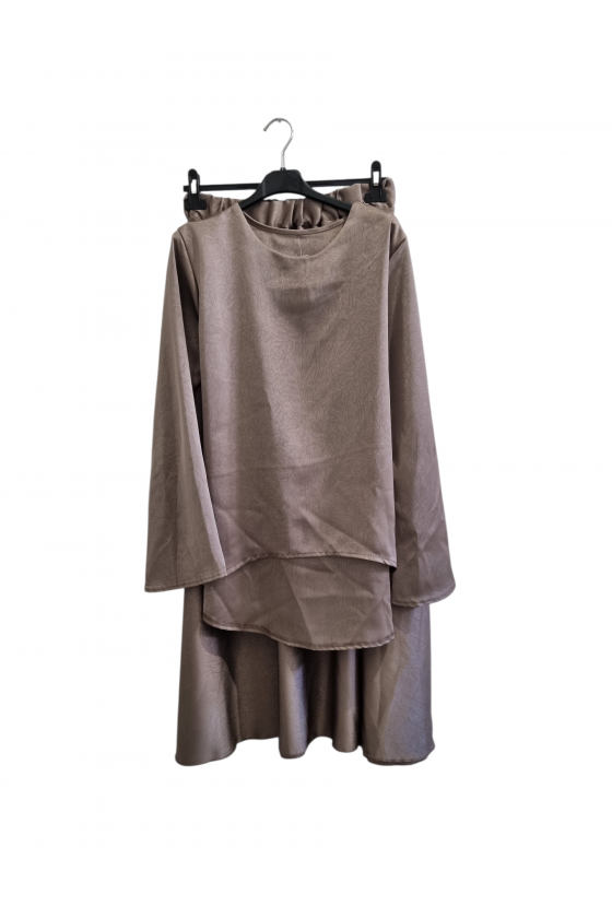 Ensemble 2 Pièces Satiné Top à Nouer Et Jupe Ample Taupe