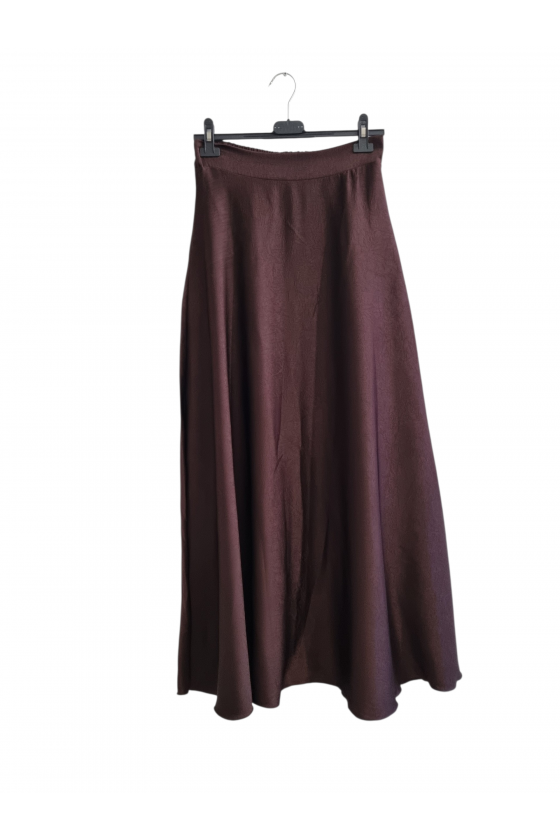 Jupe Longue Evasée Fluide En Satin Marron