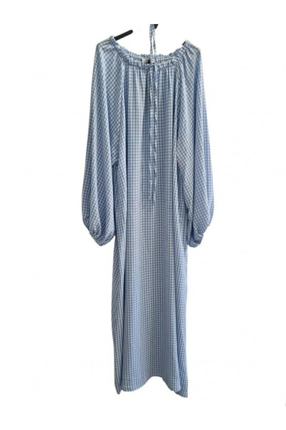 Robe Longue Fluide Ceinturée à Carreaux Col Bardot Bleue