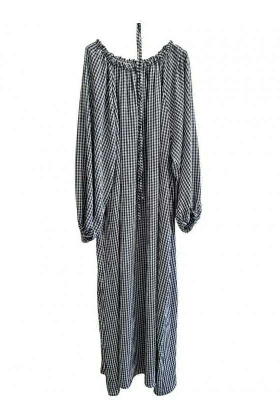 Robe Longue Fluide Ceinturée à Carreaux Col Bardot Noire